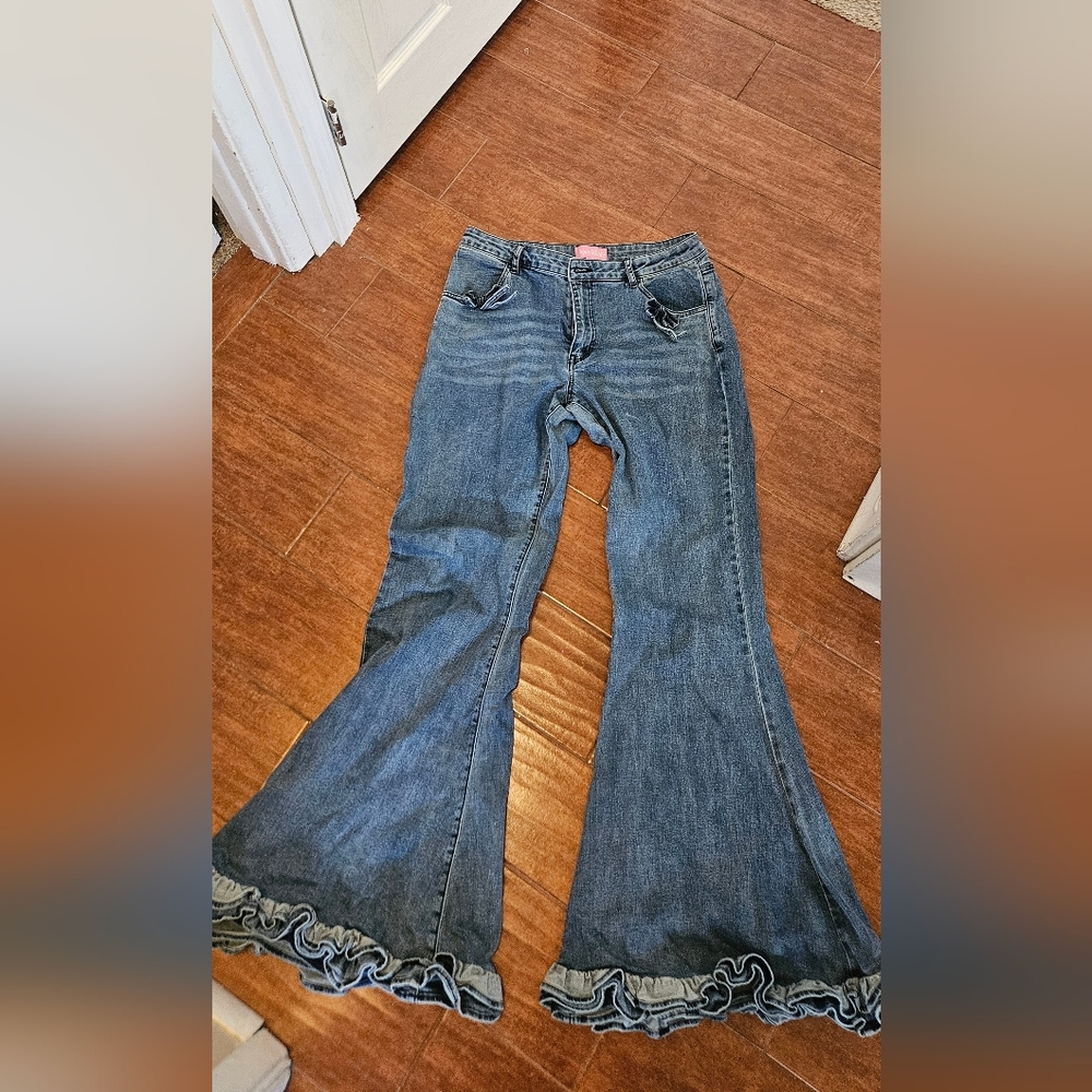 Blue Bow Ruffle-Hem Flared Jeans  - Sugar Thrillz  - XXL